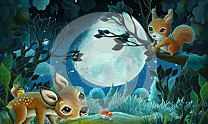 Cartoon image with forest animals by night squirrel fox owl deer - illustration