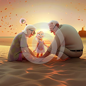 Cartoon image of grandparents with granddaughter