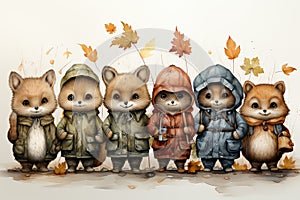 cartoon image of a group of children in autumn clothes with leaves AI Generated Generative AI