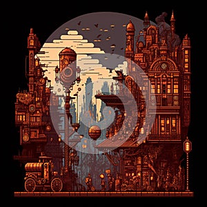 Cartoon image of a steampunk city stylized as pixelart