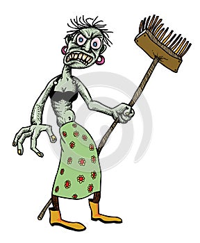 Cartoon image of undead monster lady cleaning