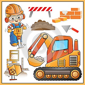Cartoon images of big crawler excavator and worker with jackhammer. Building tools. Construction vehicles. Profession. Colorful
