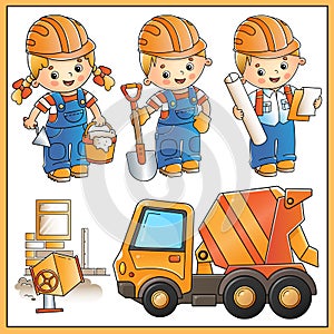 Cartoon images of concrete mixer and workers with building tools. Construction vehicles. Profession. Colorful vector set of