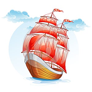 Cartoon images of a sailboat with red sails