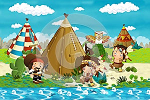 Cartoon indian character near his tee pee in the wilderness and bad cowboy with a gun and his horse