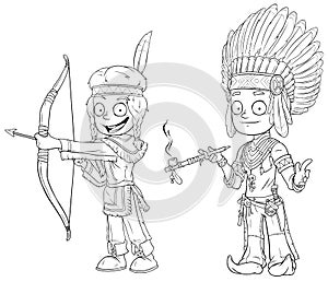 Cartoon indian chief with pipe young warrior character vector set
