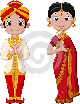 Cartoon Indian couple wearing traditional costume