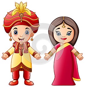 Cartoon indian couple wearing traditional costumes