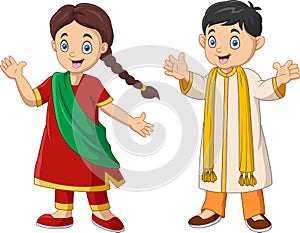 Cartoon indian couple wearing traditional costumes