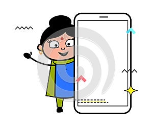 Cartoon Indian Lady with empty cell phone screen