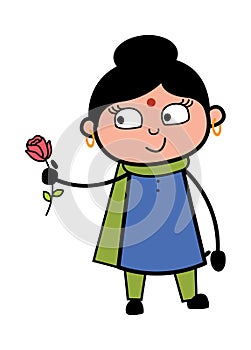 Cartoon Indian Lady Giving a Red Rose