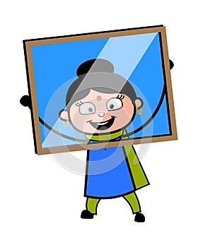 Cartoon Indian Lady looking from glass frame