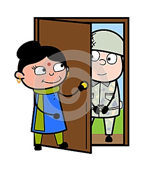 Cartoon Indian Lady opening Door