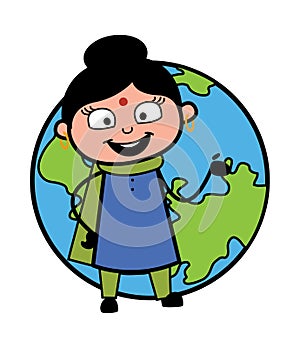 Cartoon Indian Lady with planet earth