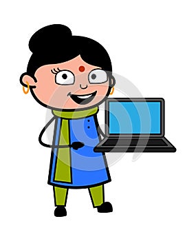 Cartoon Indian Lady presentation on Laptop