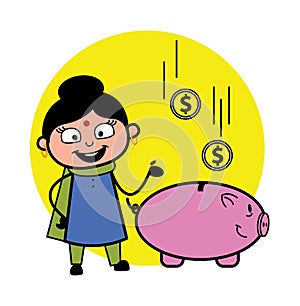 Cartoon Indian Lady saving money in piggy bank