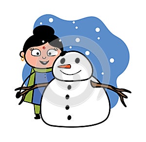 Cartoon Indian Lady with snowman