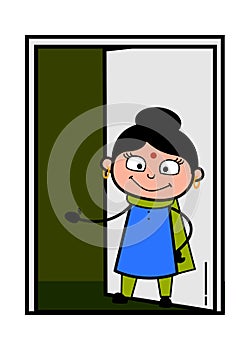 Cartoon Indian Lady Standing at door