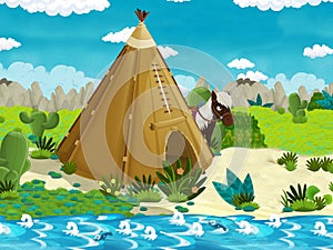 Cartoon indian tee pee village in the forest near the stream - background for different usage