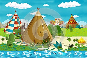 Cartoon indian tee pee village in the forest near the stream - background for different usage