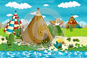 Cartoon indian tee pee village in the forest near the stream - background for different usage