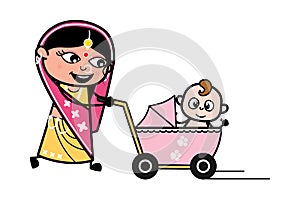 Cartoon Indian Woman with baby stroller