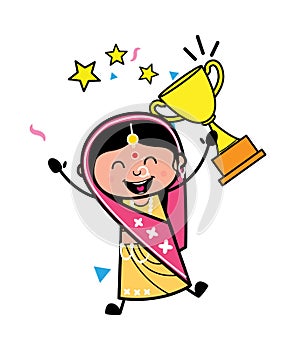 Cartoon Indian Woman holding Trophy