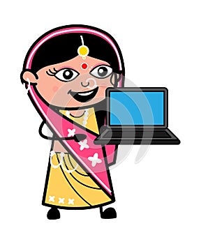 Cartoon Indian Woman presentation on Laptop