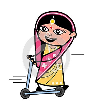 Cartoon Indian Woman Rides the kick scooter