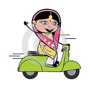 Cartoon Indian Woman Riding Scooter