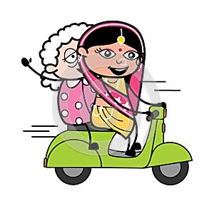 Cartoon Indian Woman Riding Scooter with an old lady