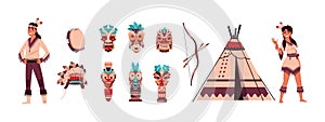 Cartoon Indians. Aztec or Maya persons. Man or woman with ritual shaman Tiki mask, feather headwear and totem. Tribal