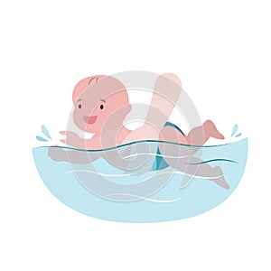 Cartoon infant swimming on a white background. Hand holding little child swimmer in the swimming pool