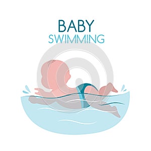 Cartoon infant swimming on a white background. Little child swimmer in the swimming pool