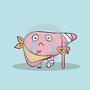 Cartoon injured liver with crutch