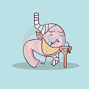 Cartoon injured stomach with crutch