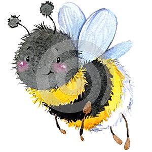 Cartoon insect bumblebee watercolor illustration.