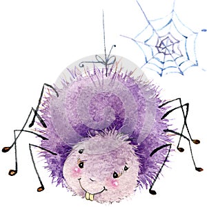 Cartoon insect spider watercolor illustration. on white background.