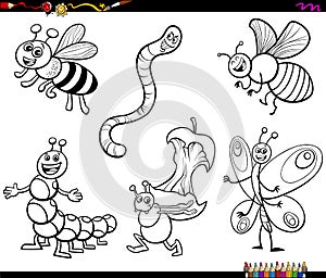 Cartoon insects characters coloring book page