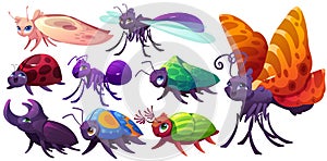 Cartoon insects characters mole, dragonfly, bedbug