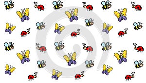 Cartoon insects children`s pattern. A butterfly, a bee, a ladybug in the style of doodle is a seamless pattern