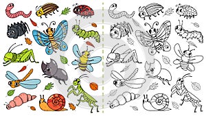 Cartoon insects color painting game. Draw cute insect with kids, funny bug, worm and caterpillar vector illustration