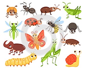 Cartoon insects. Cute bug characters. Crawling beetle or flying butterfly with big eyes for kids illustration