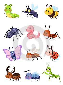 Cartoon insects. Cute grasshopper and ladybug, caterpillar and butterfly. Mosquito and spider. Fly, ant and mantis