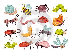 Cartoon insects. Isolated insect, children little wild bee, bug and butterfly. Fly cute wasp, gardening caterpillar and