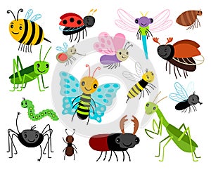 Cartoon insects. Vector cute insect collection, fly and ladybug, mantis and wasp, bug and beetle isolated on white