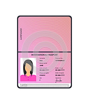 Cartoon International Female Passport for Tourism and Travel . Vector