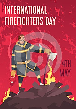 Cartoon international firefighters day card with smiling fireman in uniform holding helmet and axe vector