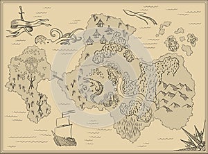 Cartoon island map template for next level game - adventures, treasure hunt. Pirate map with octopus, scorpion, sharks