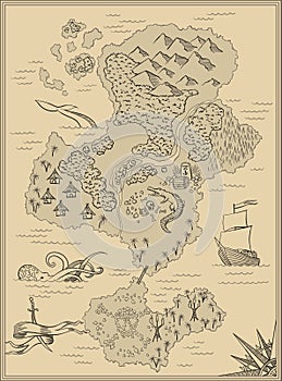 Cartoon island map template for next level game - adventures, treasure hunt. Pirate map with octopus, scorpion, sharks